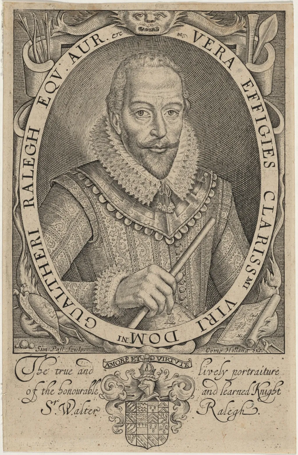 Sir Walter Raleigh, by Simon van de Passe, ink, 1621