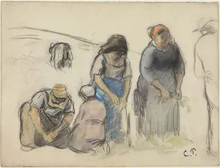 Pea Harvesters [recto], by Camille Pissarro, charcoal, 1880