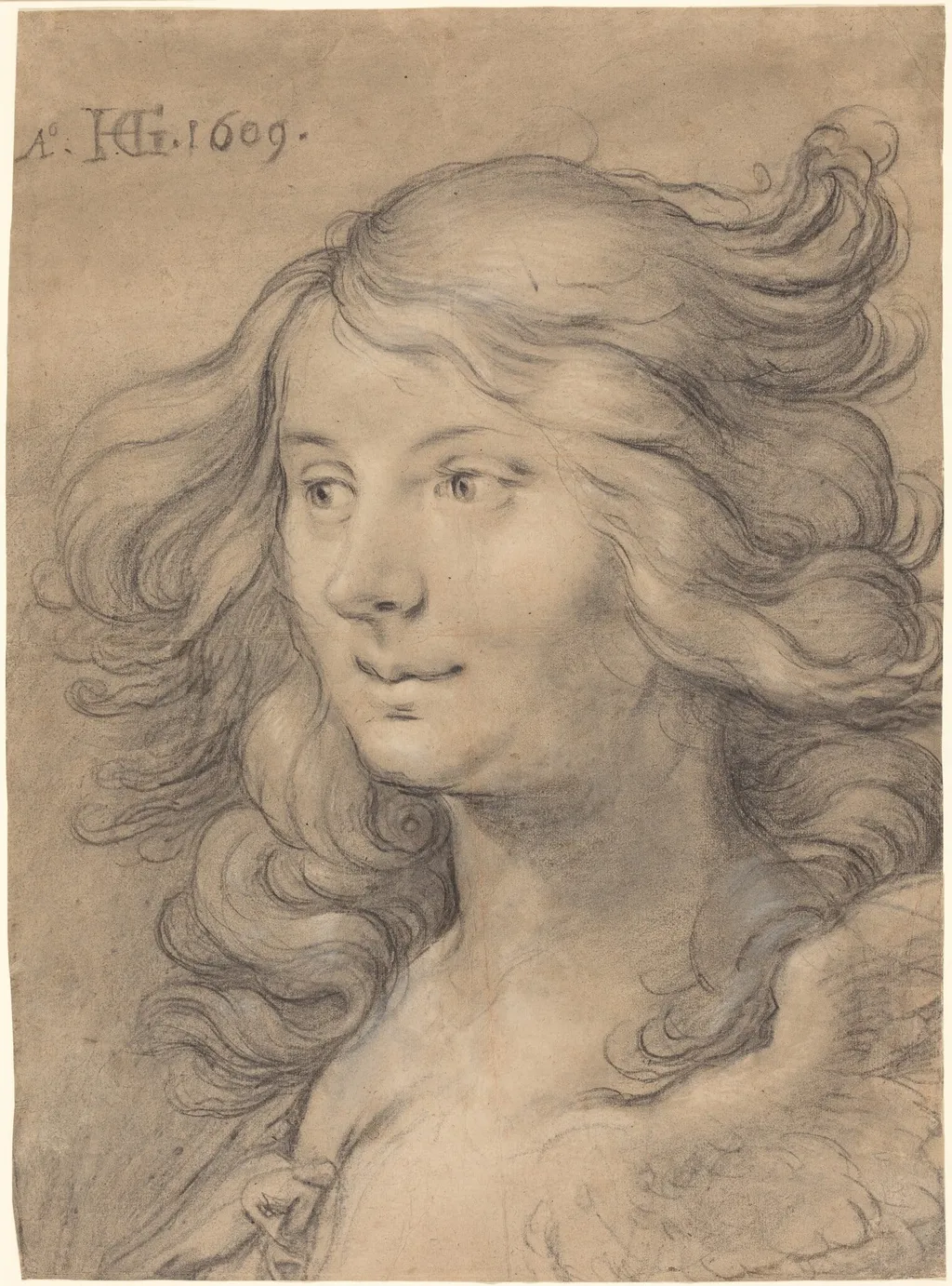 Head of a Siren, by Hendrick Goltzius, chalk, 1609