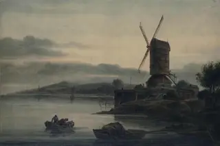 River scene with a windmill, by William P. Sherlock, watercolor, 1810