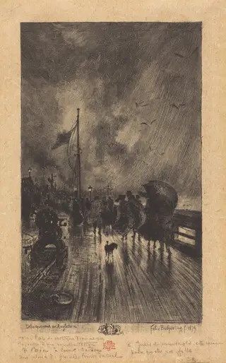 Un Débarquement en Angleterre (Landing in England), by Félix-Hilaire Buhot, ink, 1879
