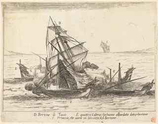 Boarding of the Bertone, by Jacques Callot, ink, 1617