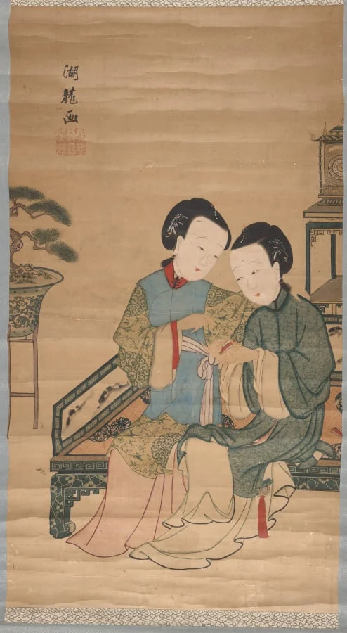 Two Beauties Inspect a Golden Lotus, detail