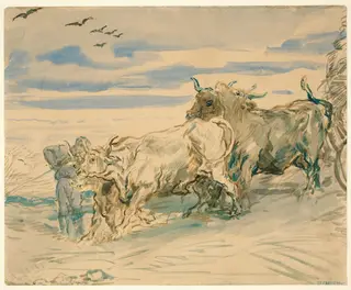 Drover with Oxen Pulling a Cart, by Théodore Chassériau, ink, 1840