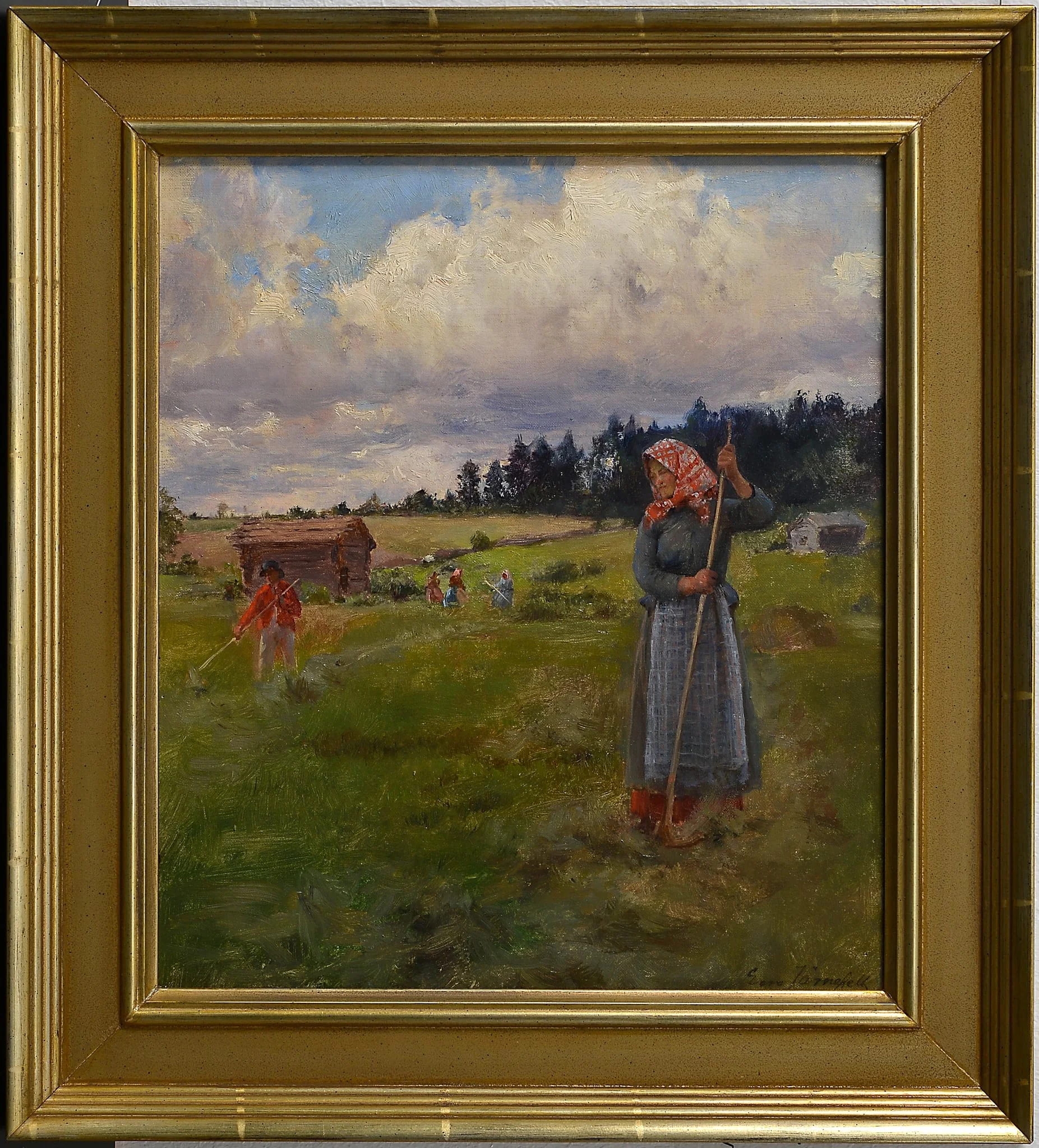 Heinänkorjuu Kerppolan pihassa, detail