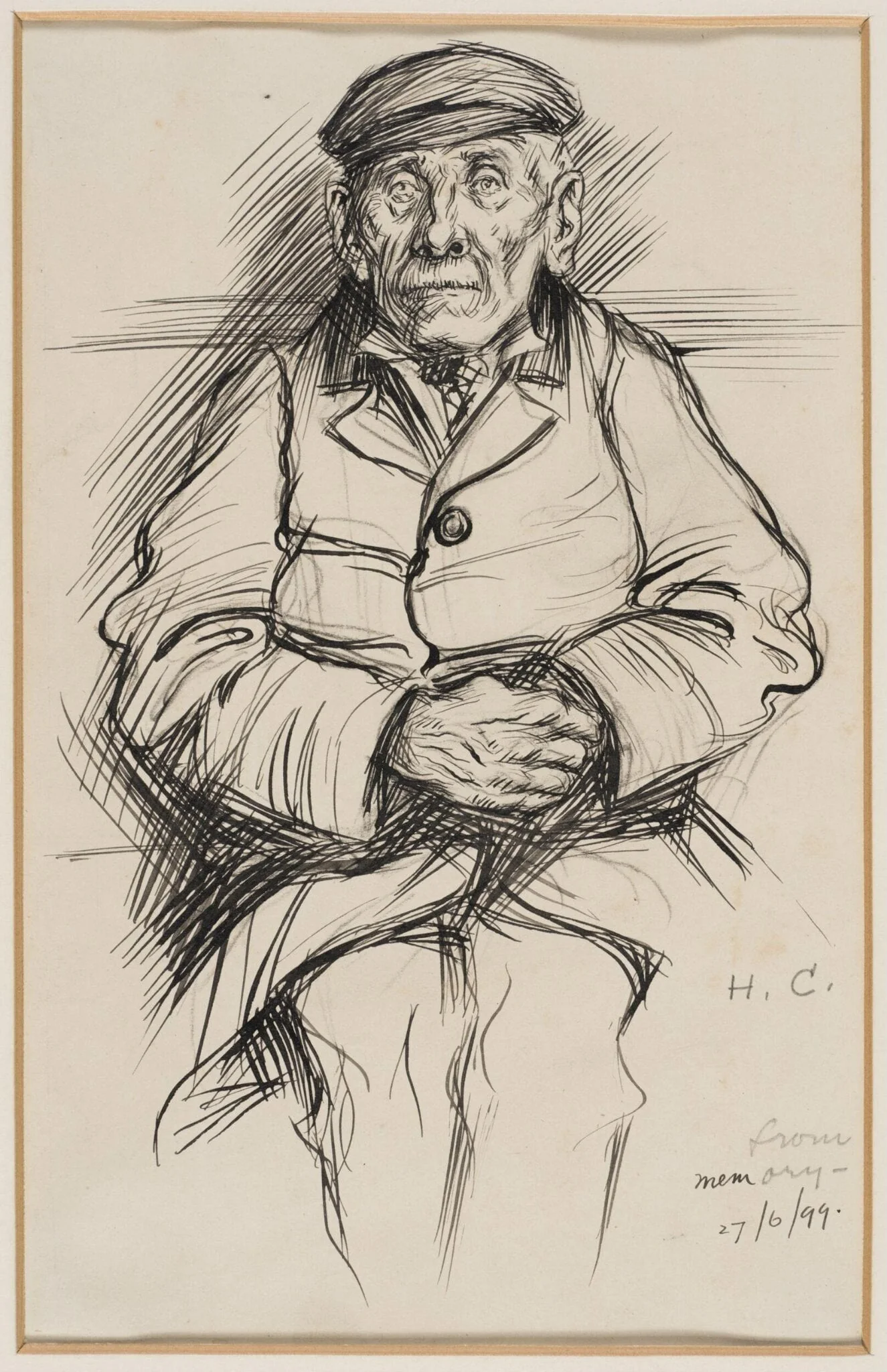 Old man wearing an overcoat and cap, detail