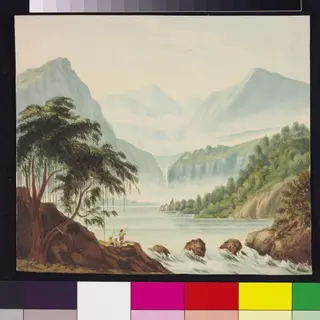 The Source of the Saraswati river in the mountains of Abu in Gujerat, by Charles Chambers, paint, 1823