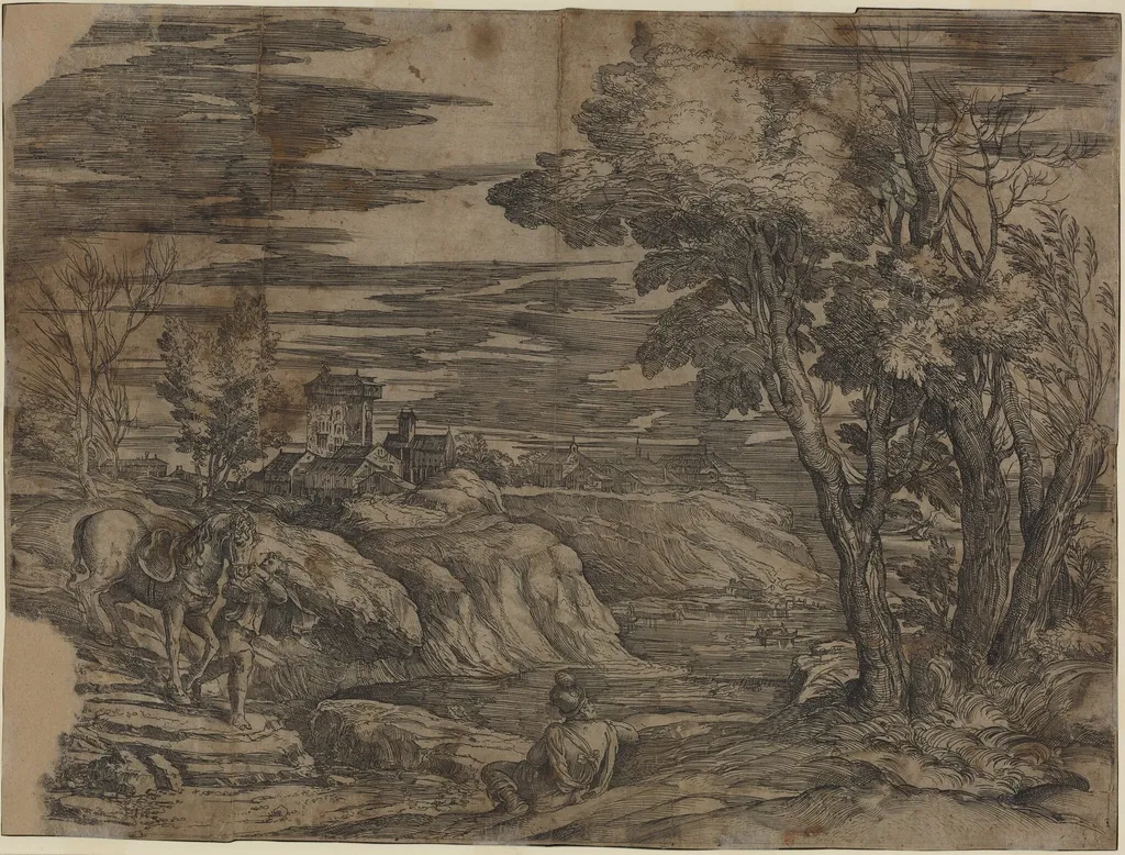 Landscape with a Man Leading a Horse, by Battista Franco, ink, 1550