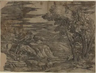 Landscape with a Man Leading a Horse, by Battista Franco, ink, 1550