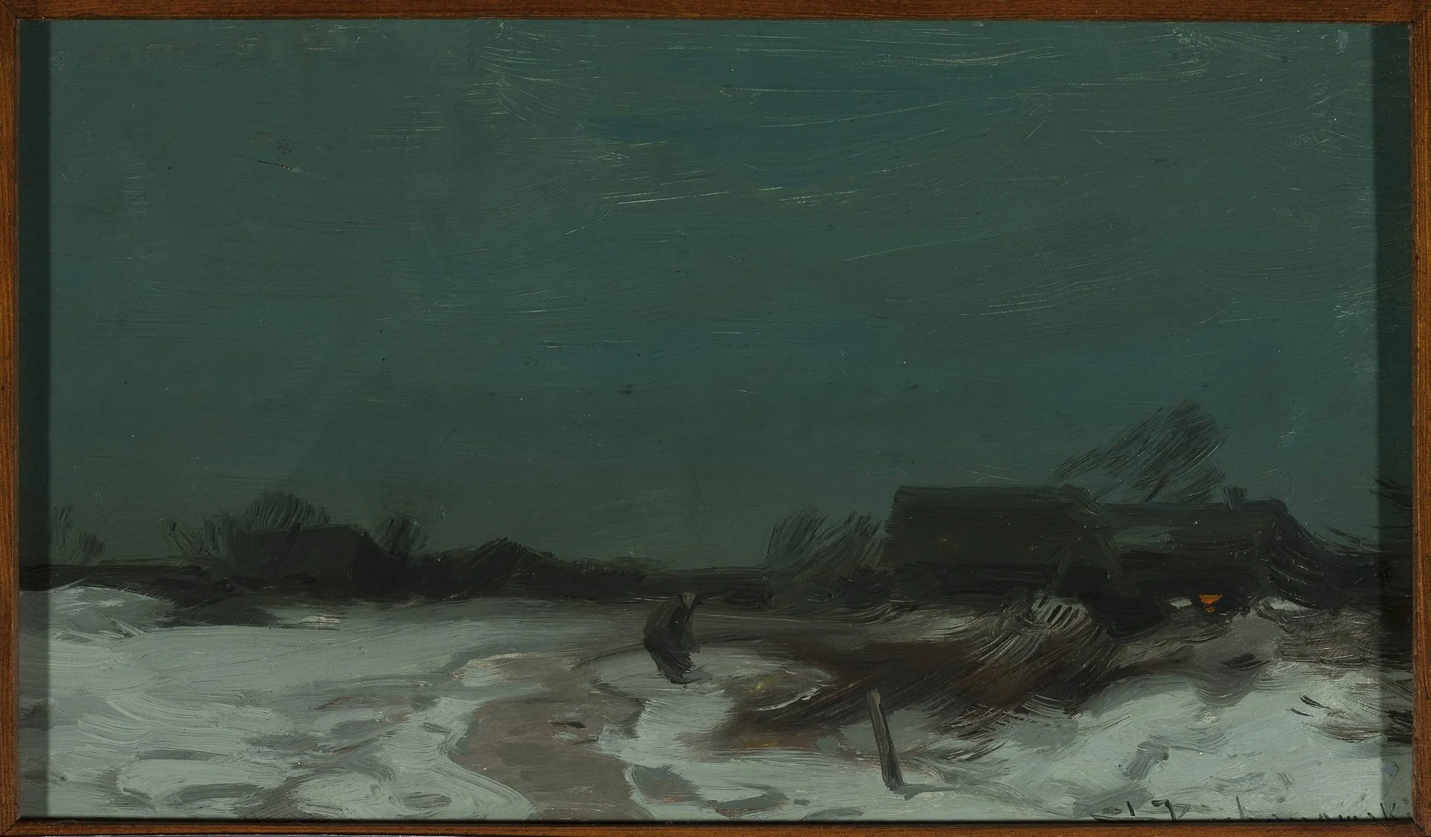 Winter landscape with cottages, detail