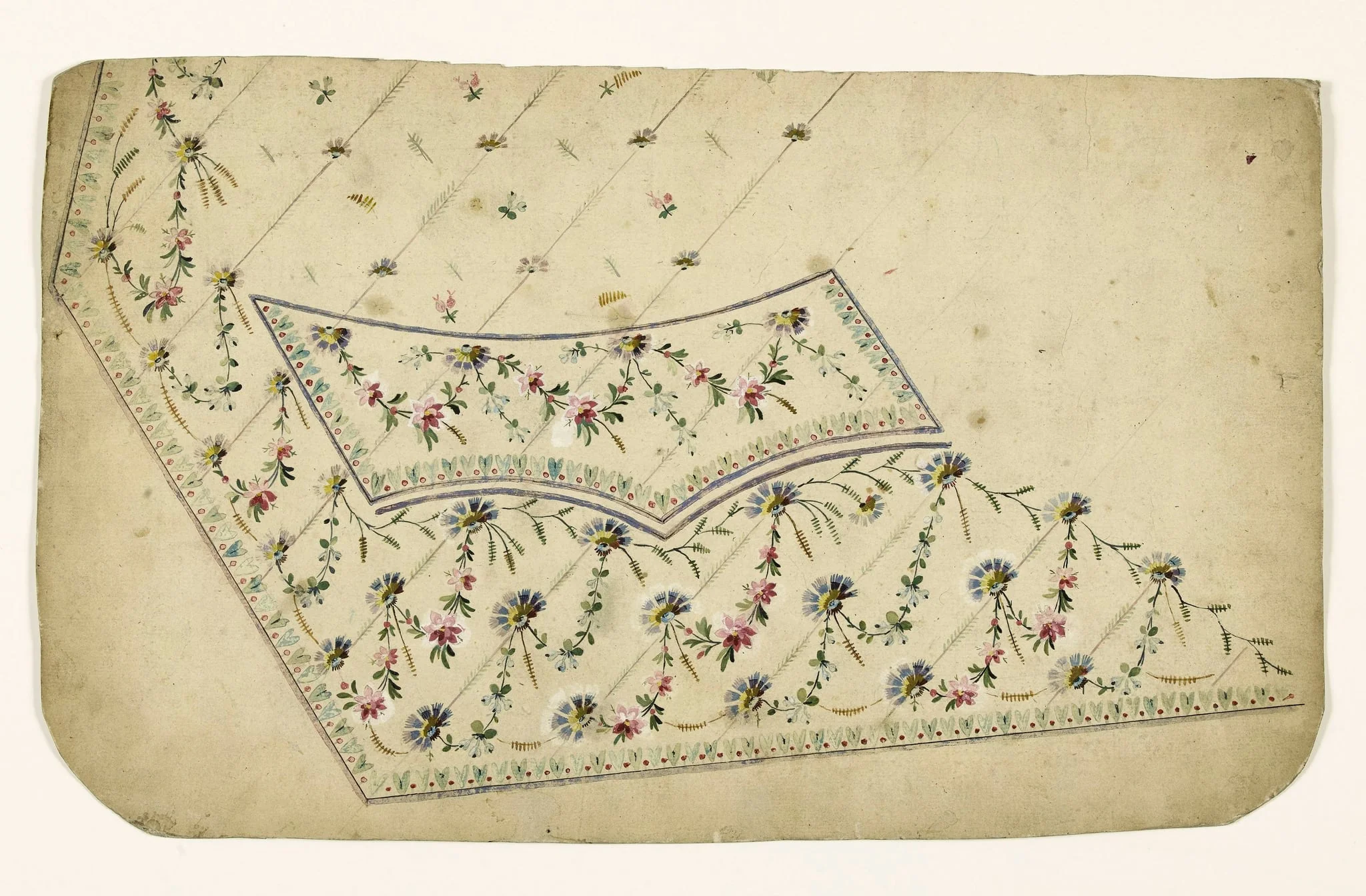 Composition de croisillons de fleurs et de feuilles, frises de feuilles et baies rouges, projets de broderies de gilet, XVIIIème siècle, detail