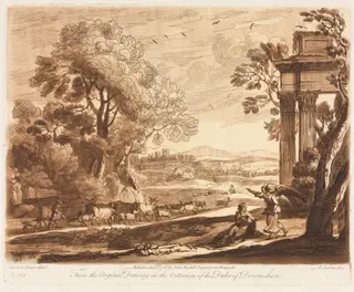 Liber Veritatis:  No. 133, A Landscape, with Cattle, and the Angel Comforting Hagar, by Richard Earlom, 1776