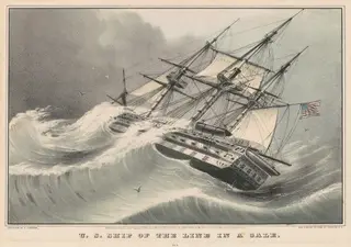 U.S. Ship of the Line in a Gale, by Nathaniel Currier, ink, 1847