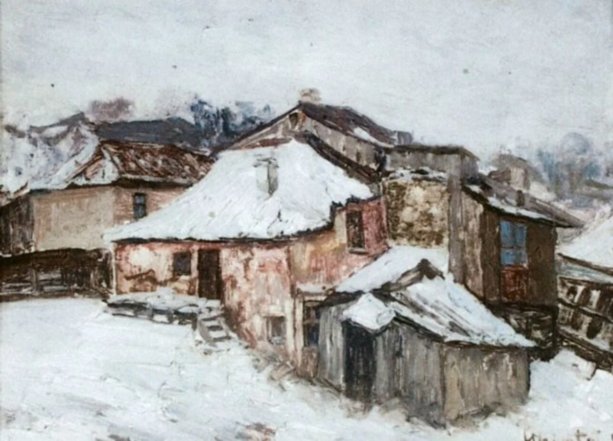 Peisaj de iarnă cu case, detail