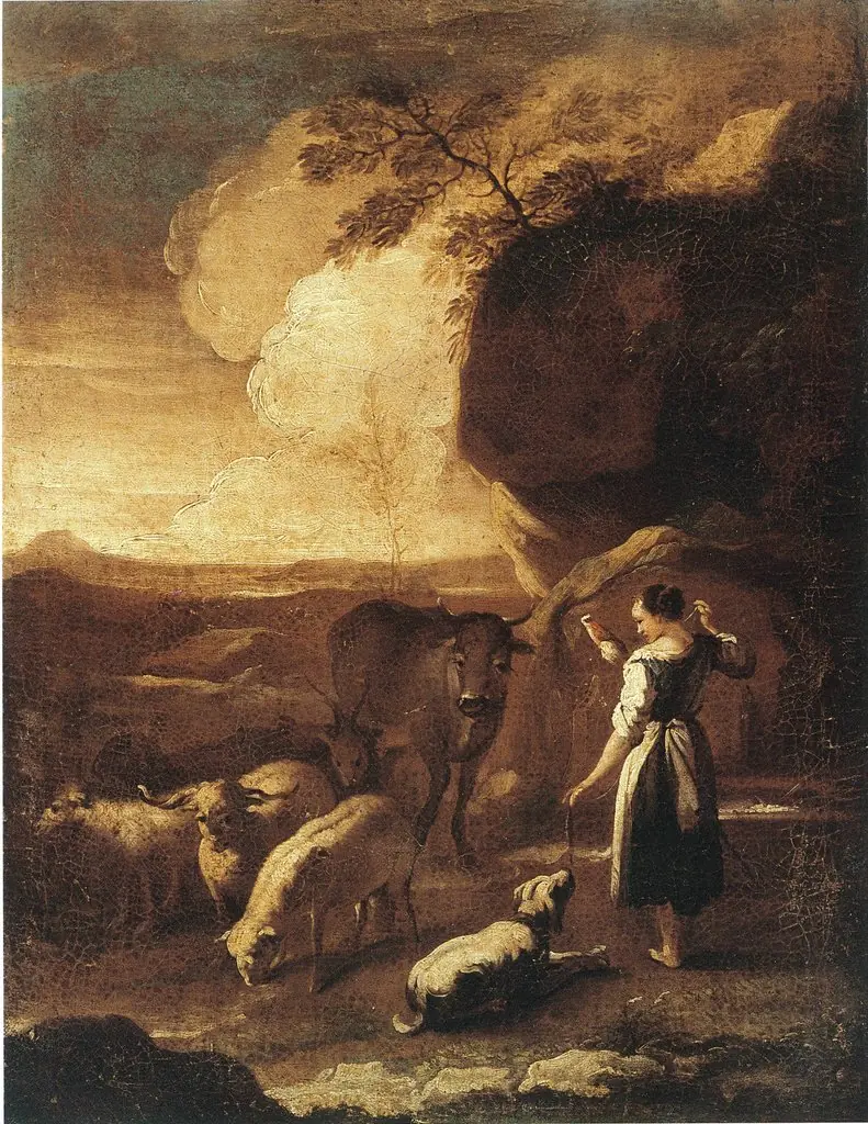 Pastora hilando (Tít. ant.: Pastora bailando), by Joseph Roos, oil, 1775