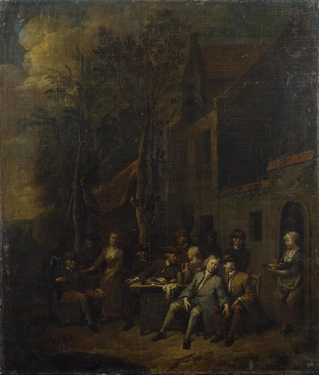 Scene by a Tavern, by Jan Baptist Lambrechts, oil, 1715