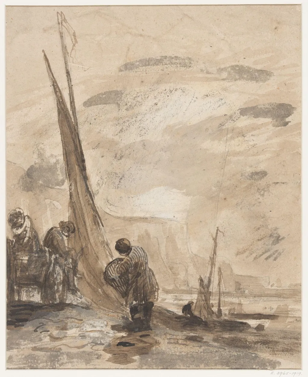 A cart with boats on the shore, near cliffs, by William Collins, 1810