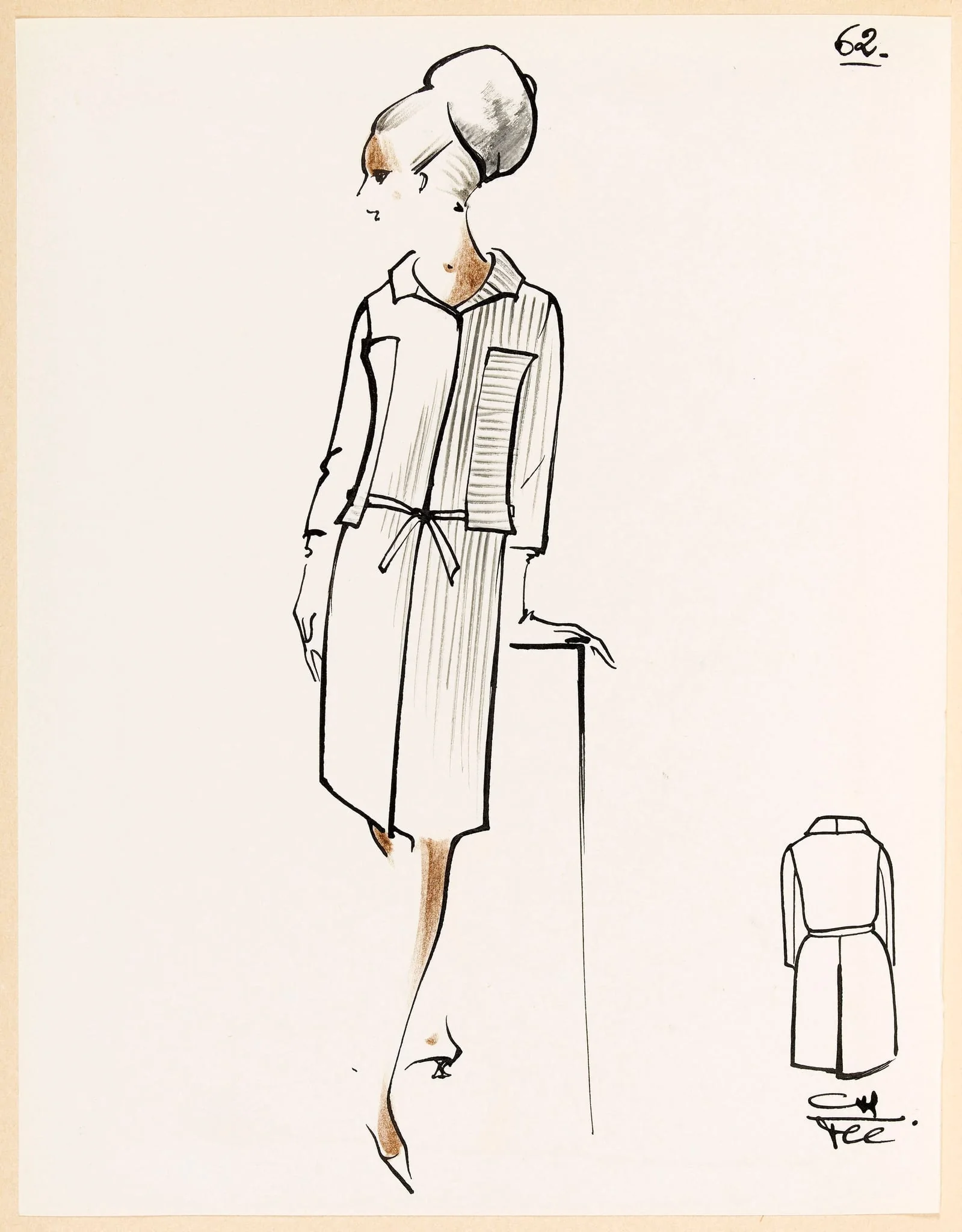 Manteau rayé à file ceinture et chapeau, detail