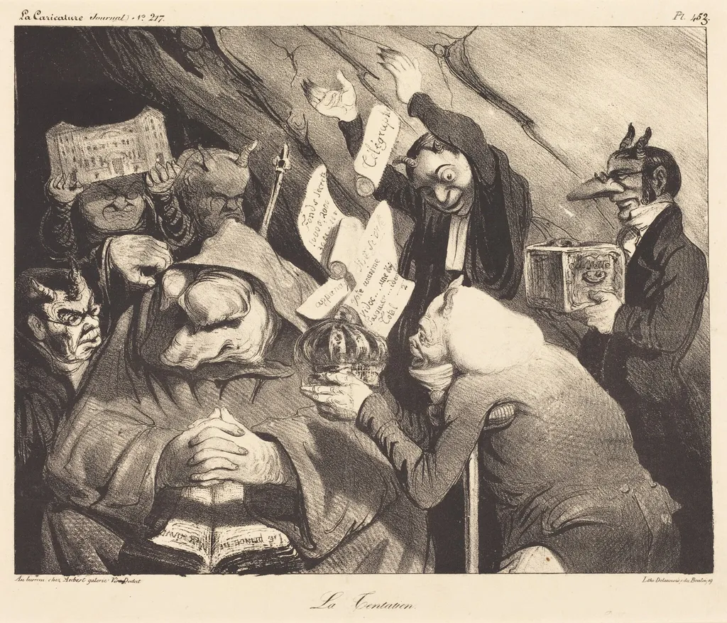 La Tentation, parodie d'une toile de Téniers, by Honoré Daumier, ink, 1834