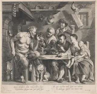 A Satyr Visiting a Peasant Family, by Jacobus Neeffs, ink