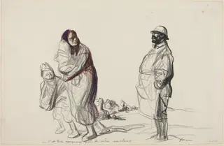 a) C'est trop dangereux pres de votre ambulance (recto); b) Study of Mother and Children (verso), by Jean-Louis Forain, ink, 1916