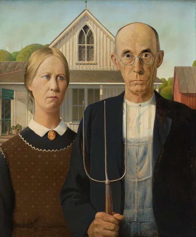 Grant Wood, American Gothic (1930). Oil on beaverboard, Art Institute of Chicago.