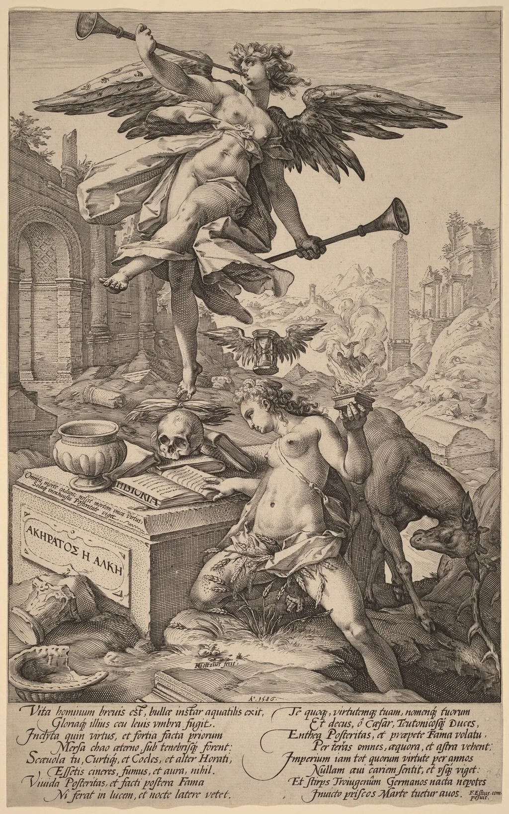 The Allegory of Fame and History, by Hendrick Goltzius, ink, 1586