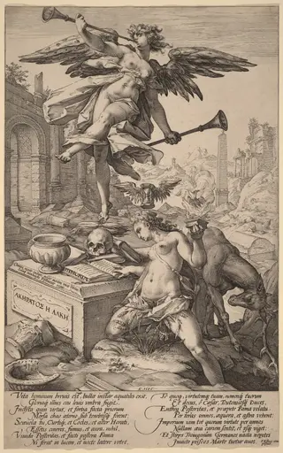The Allegory of Fame and History, by Hendrick Goltzius, ink, 1586