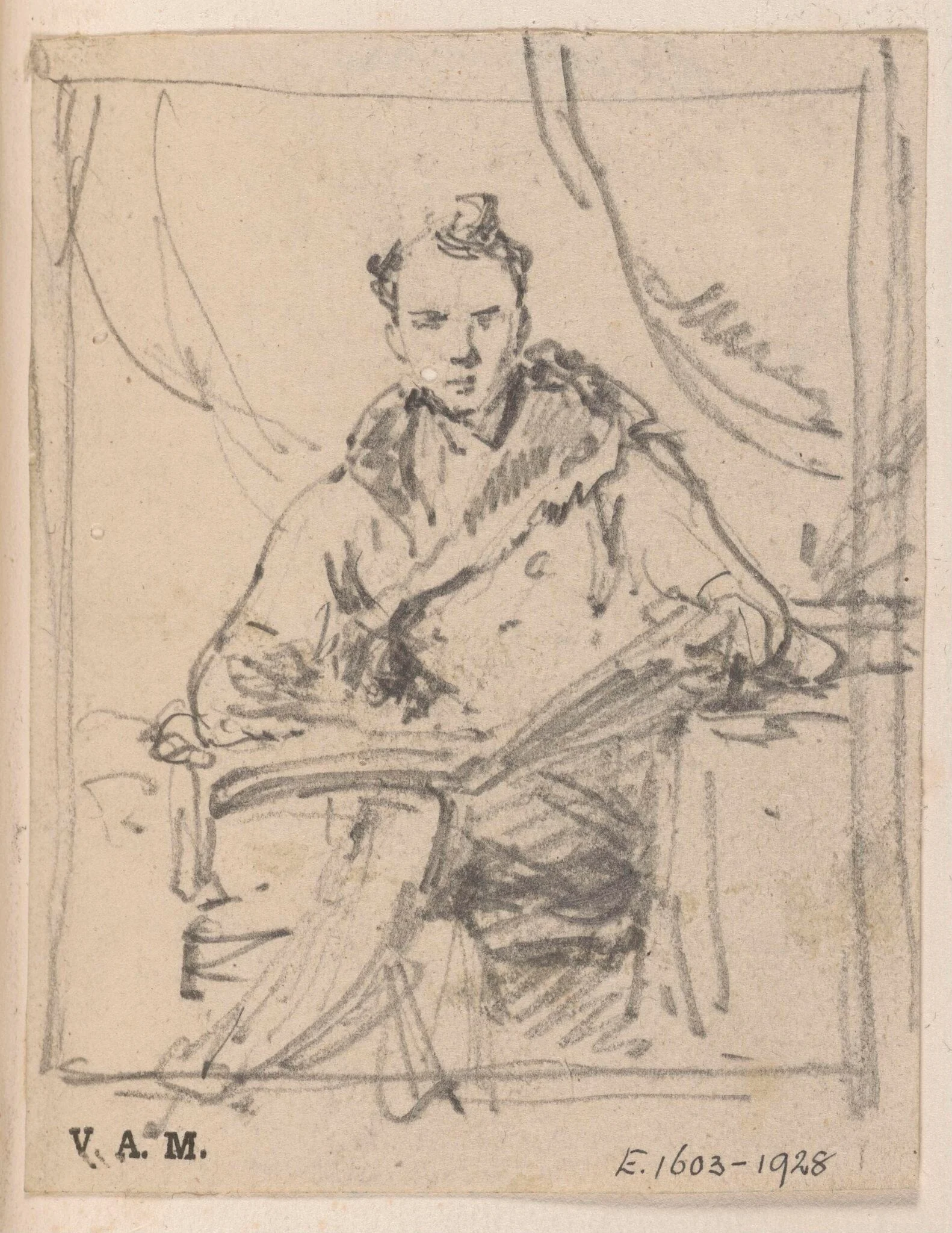 A Western man seated with a book on his knee, detail