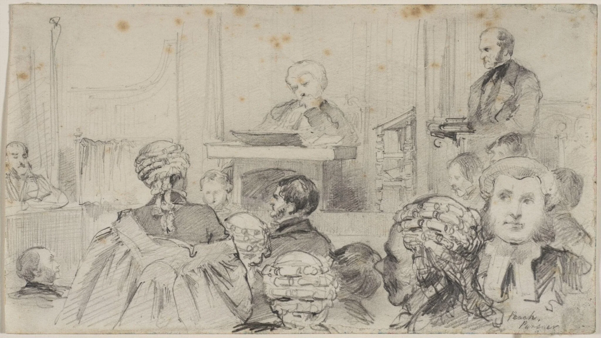 Sheets of studies of participants in a legal action, detail