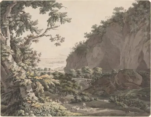 A Wooded Valley with Rocky Cliffs, by Johann Conrad Steiner, ink, 1785