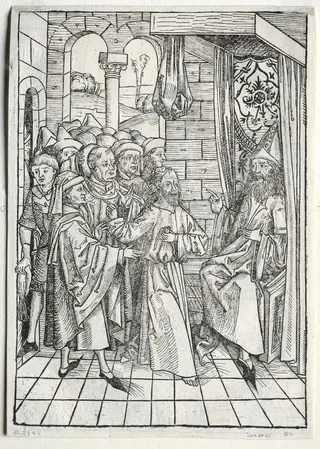 Der Schatzbehalter:  Christ before Caiaphas (verso), by Michael Wolgemut, 1491
