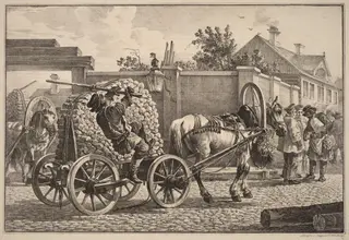 Russian Porter Carrying Wood on a Cart, by Aleksandr Osipovich Orlovskii, ink, 1820