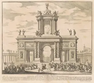 The Seconda Macchina for the Chinea of 1745: Triumphal Arch for the Return of King Charles of Bourbon to Naples, by Louis-Joseph Le Lorrain, ink, 1745