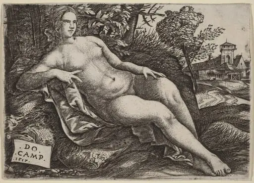 Venus Reclining in a Landscape, by Domenico Campagnola, ink, 1517