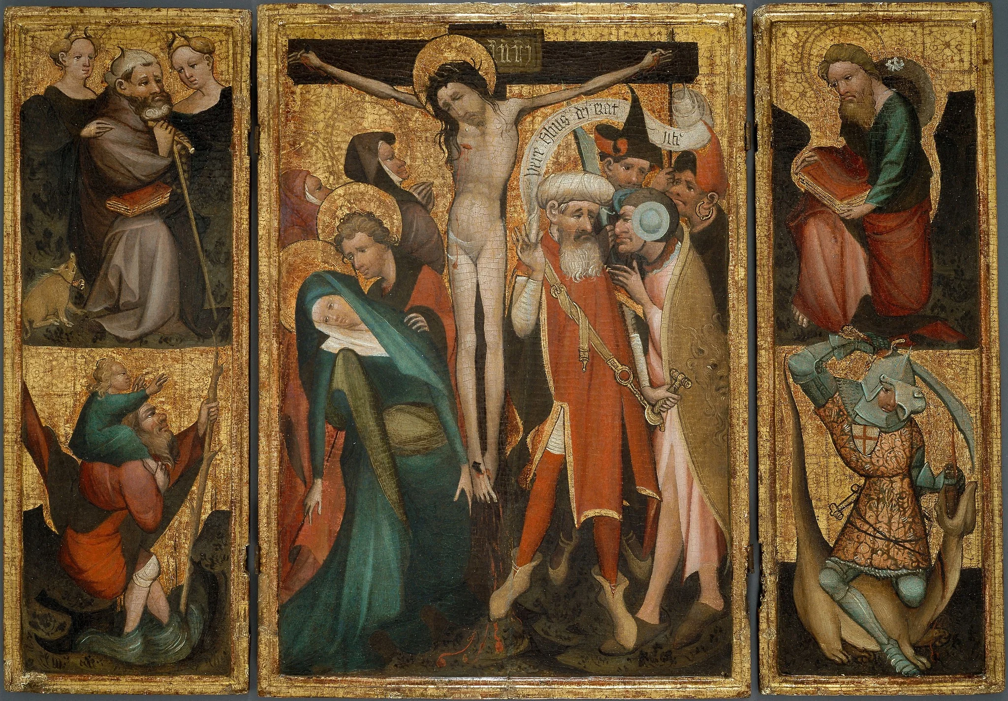 Triptych of the Crucifixion with Saints Anthony, Christopher, James and George, detail