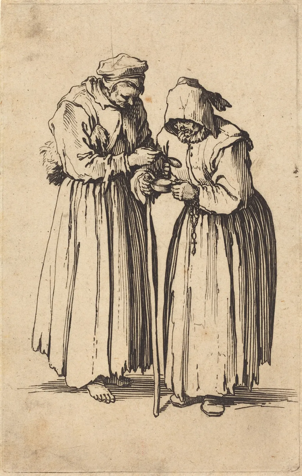 Two Beggar Women, by Jacques Callot, ink, 1622
