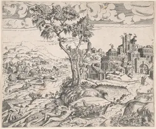 Imaginary Landscape with an Amorous Couple, by Angelo Falconetto, ink, 1560