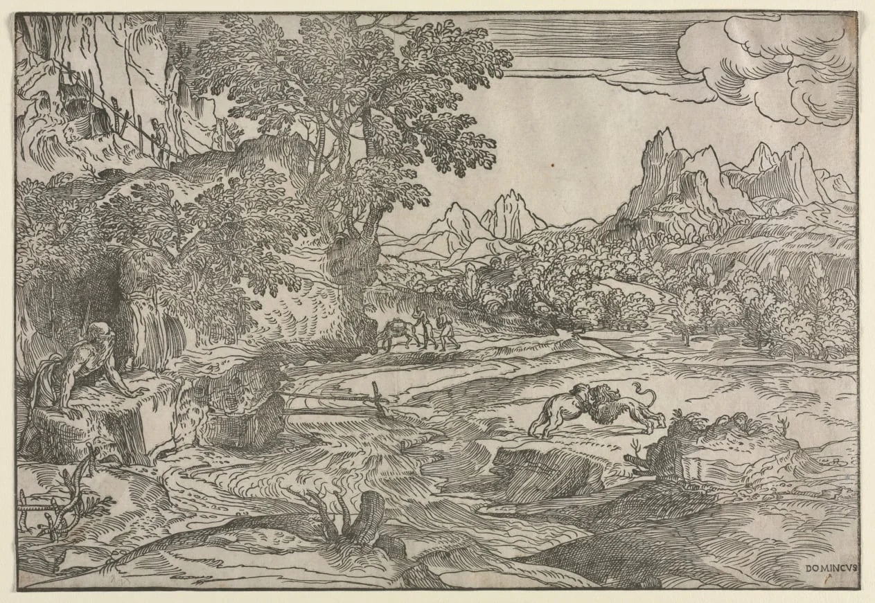 Landscape with Saint Jerome and Two Lions, detail