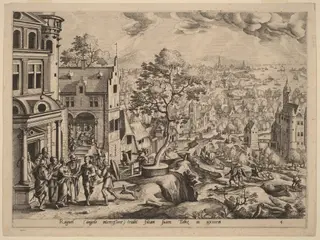 Tobias and the Angel Arriving at Raguel's House, by Johannes van Doetechum the Elder, ink, 1565
