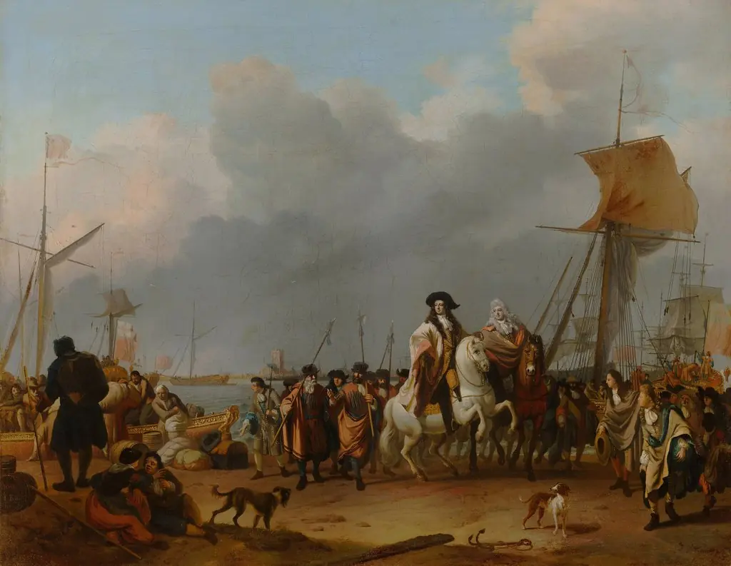 The arrival of King-Stadholder Willem III in the Oranjepolder, 31 January 1691, by Ludolf Bakhuizen, oil, 1696