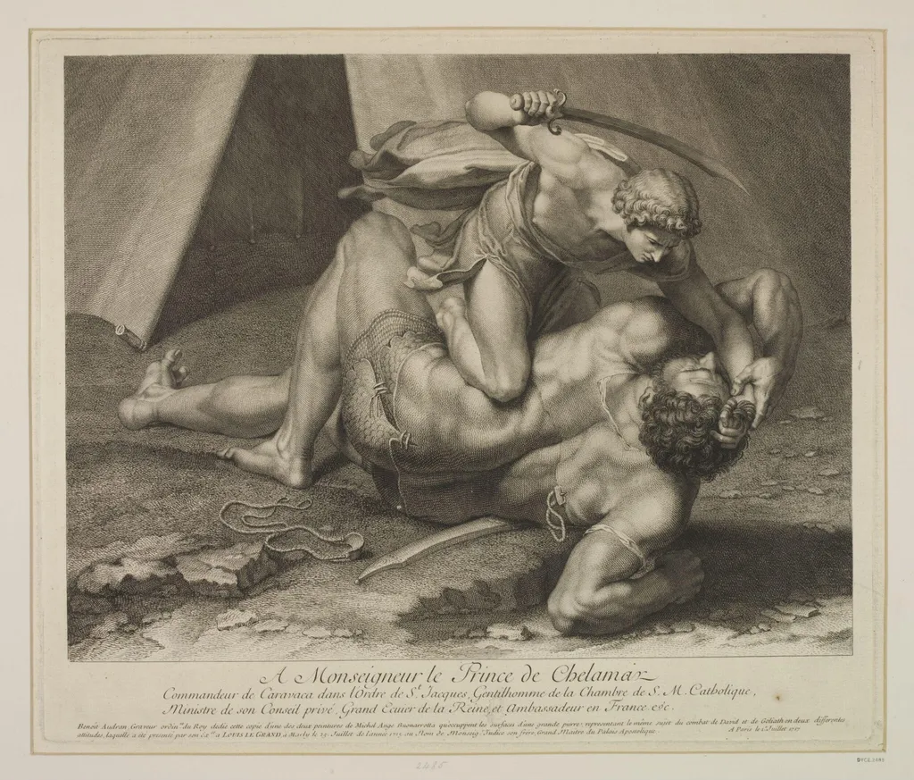 David Slaying Goliath, by Benoît Audran, 1750