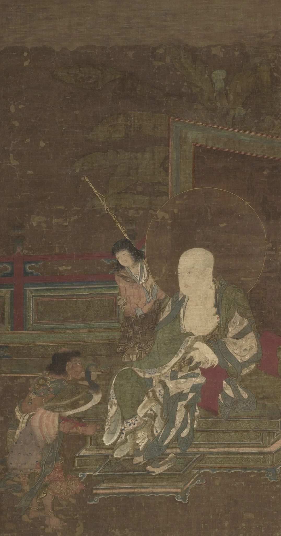 Seated Arhat with Two Attendants, detail