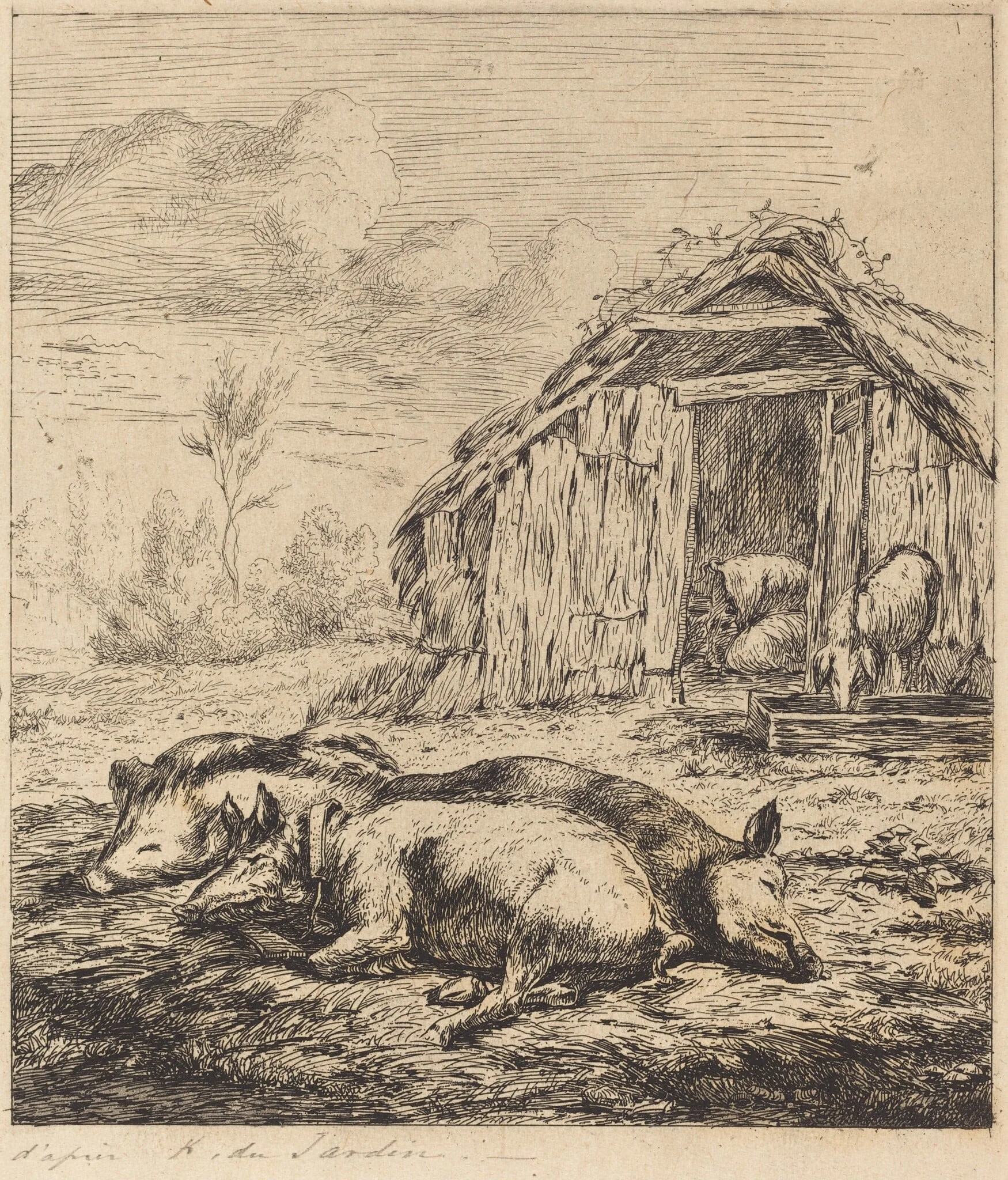 Les trois cochons couchés devant l'étable (Three Swine Lying In Front of a Sty), detail