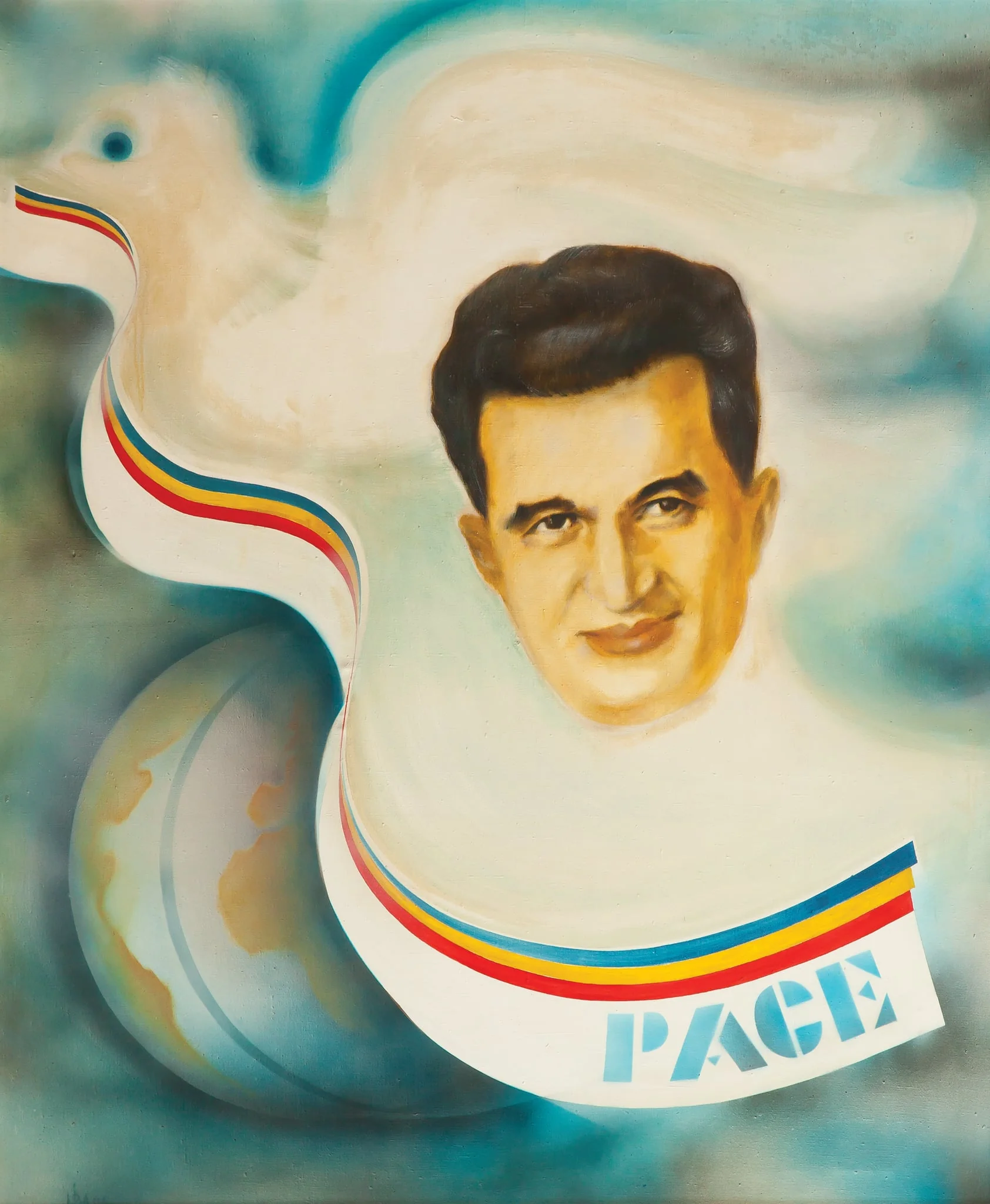 Tablou „Pentru pace, pentru fericirea popoarelor lumii” atribuit lui Simion Mărculescu.Comandat de Comitetul Județean de Partid Galați. 1986., detail