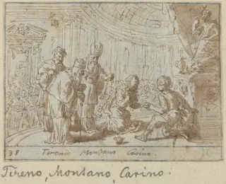 Tirenio, Montano and Carino, by Johann Wilhelm Baur, ink, 1640