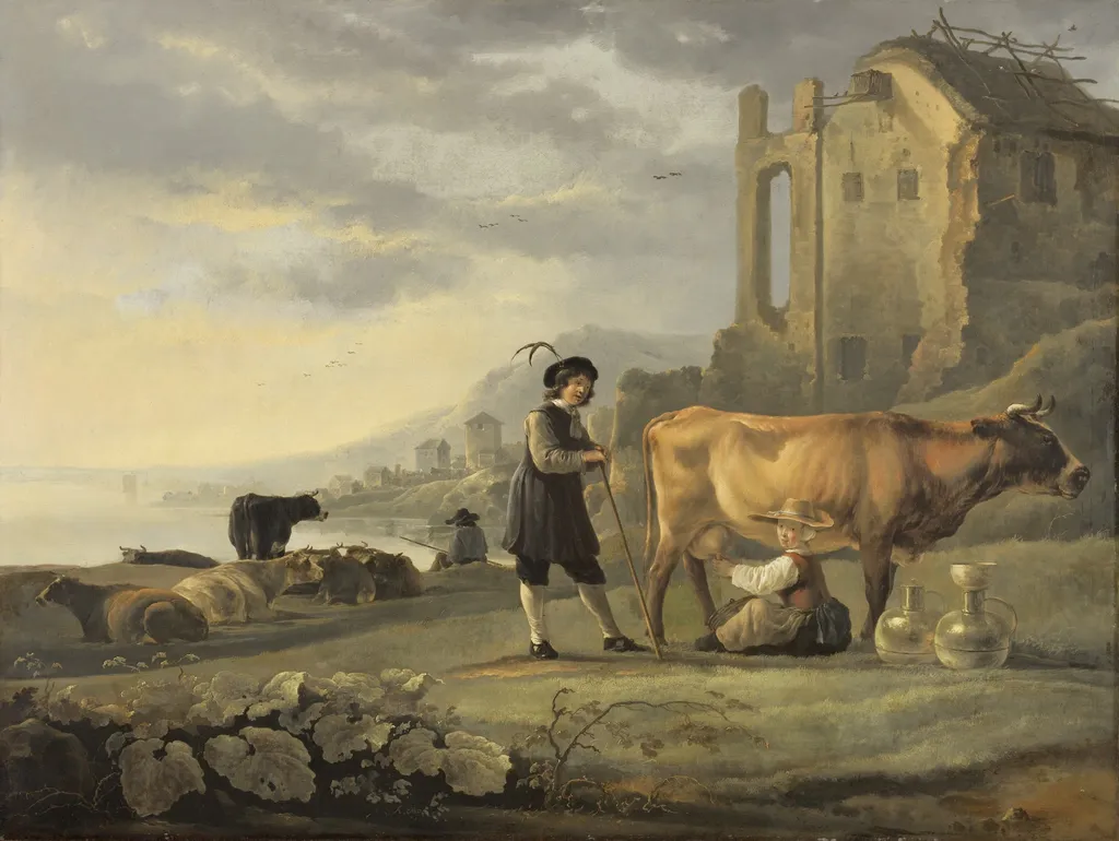 Landscape with Maid Milking a Cow, by Aelbert Cuyp, oil, 1655