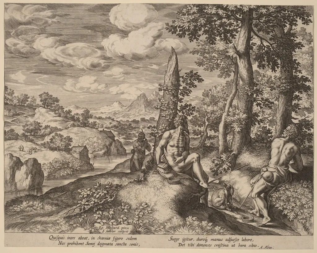 Landscape with Three Nude Men and a Dog, by Jan Sadeler I, ink, 1575