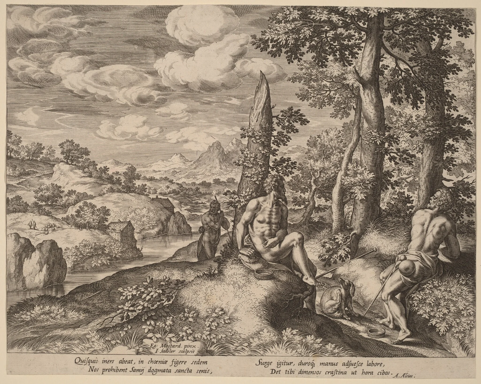 Landscape with Three Nude Men and a Dog, detail
