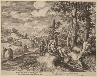 Landscape with Three Nude Men and a Dog, by Jan Sadeler I, ink, 1575